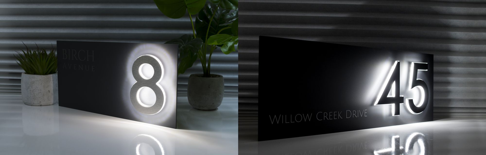 The Valencia matt finished designer house sign with NLUX LED floating numbers